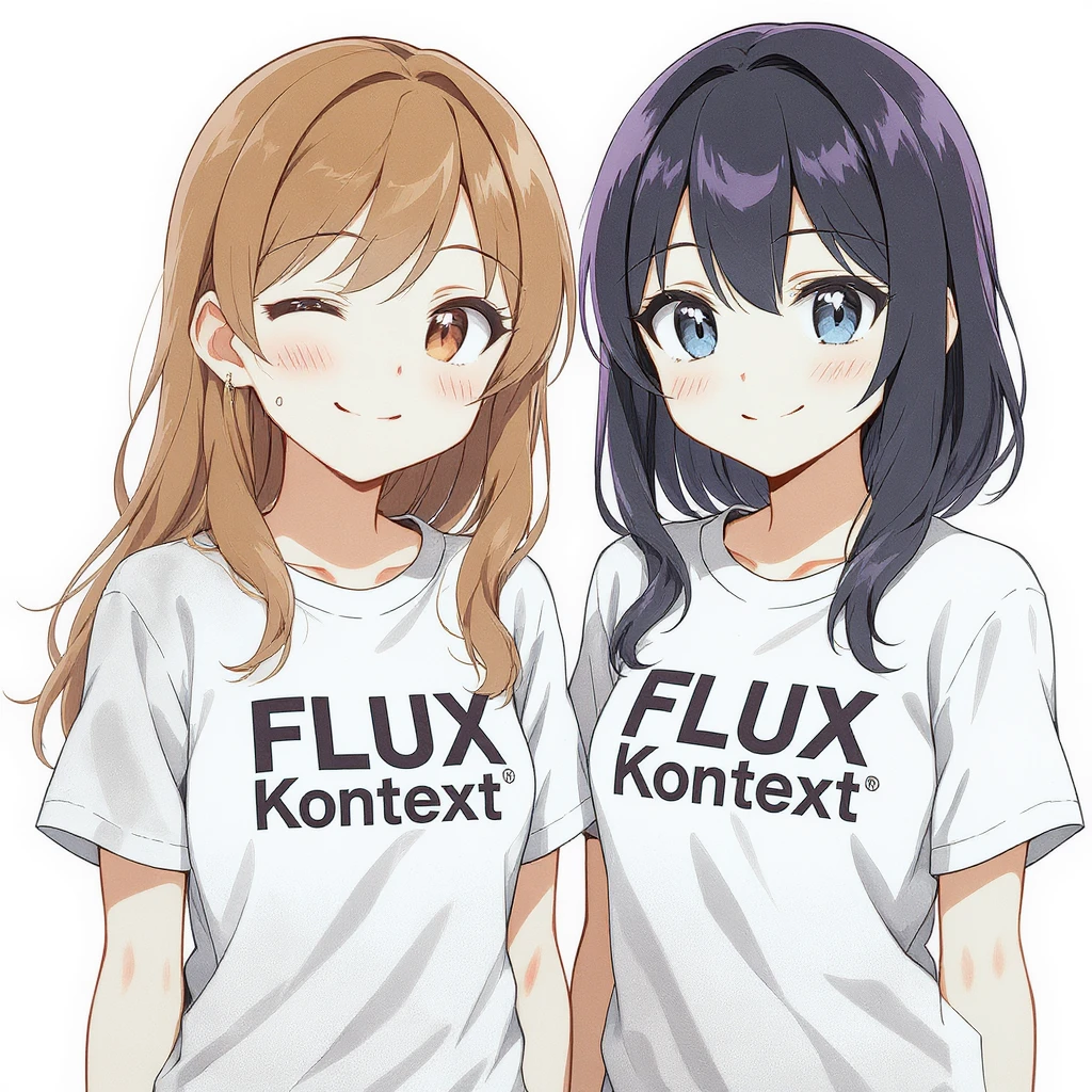 make a image of a girl with a anime version of that girl beside her wearing tshirt with text of FLUX Kontext emoji