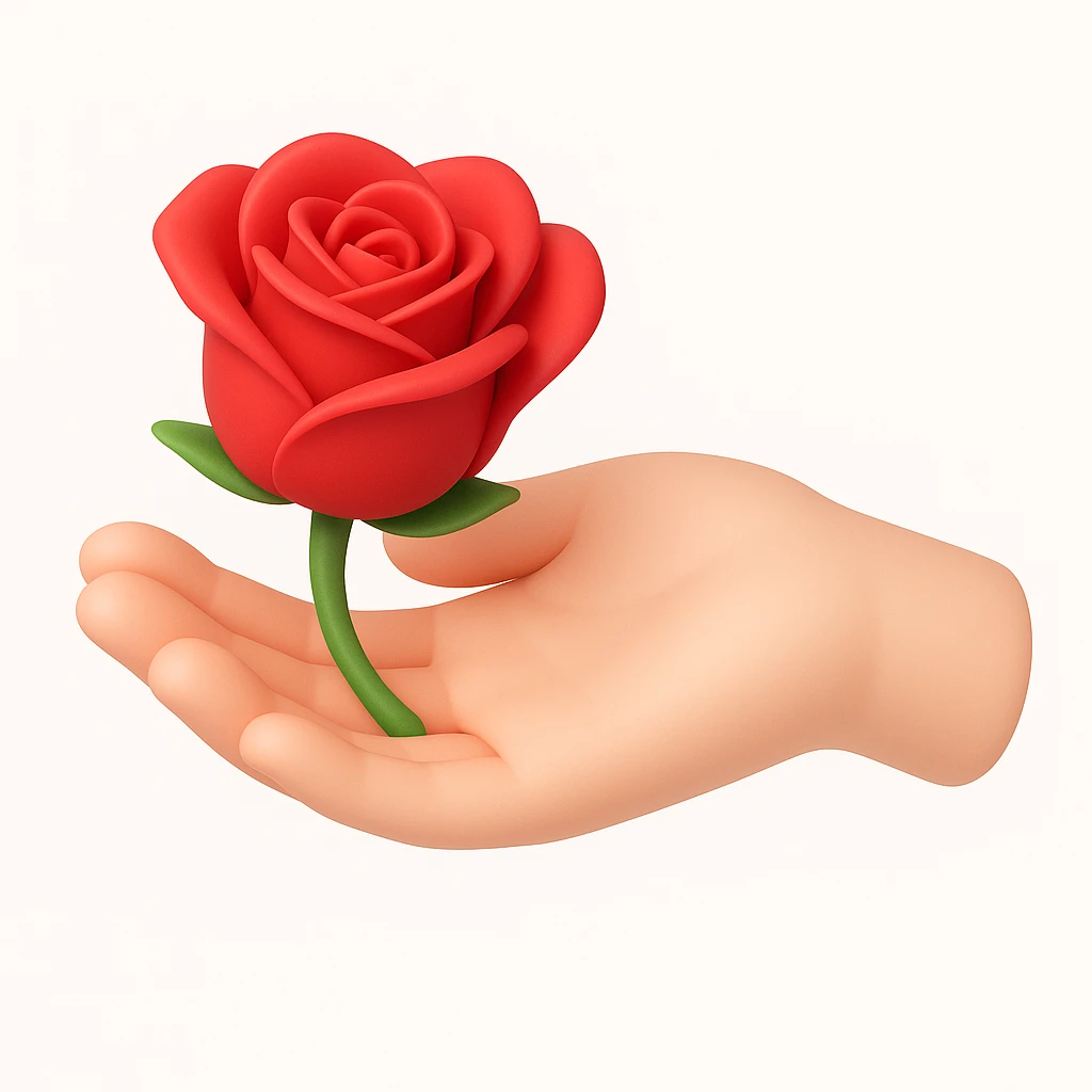 3D iOS style illustration of a hand gently holding a red rose, soft rounded shapes, pastel colors, smooth shading, white or light background, inspired by iOS emoji aesthetics. emoji