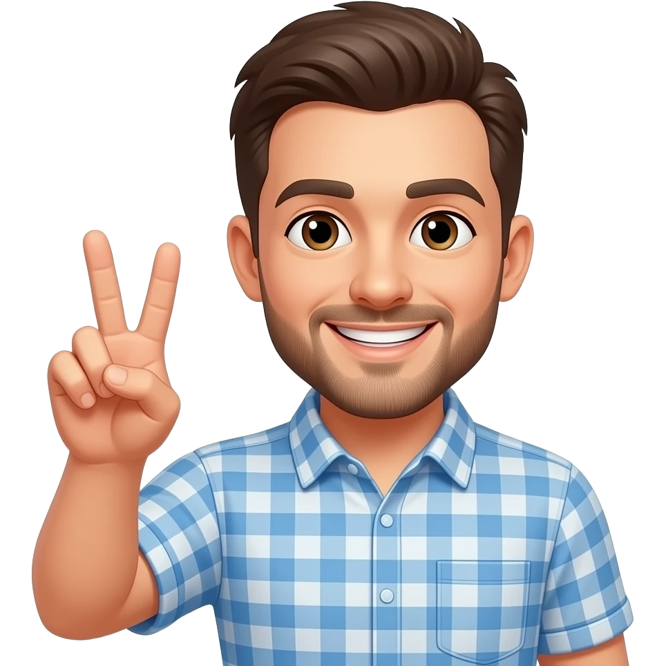 the man is smiling and shows a peace sign emoji