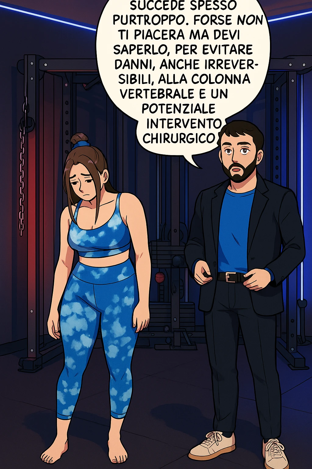 fai questa immagine in versione fumetto/manga/webtoon a colori, il manga mostra l'uomo che risponde alla donne:
Succede spesso purtroppo. 
Forse non ti piacerà ma devi saperlo, per evitare danni, anche irreversibili, alla colonna vertebrale e un potenziale intervento chirurgico. emoji