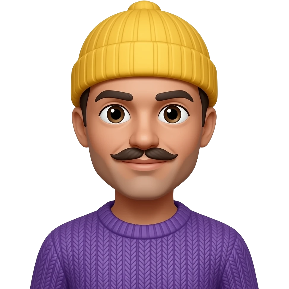 A character wearing a yellow beanie, sporting a mustache, purple sweater. emoji