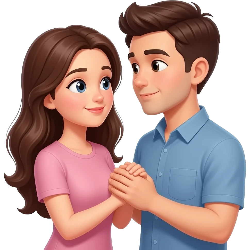 long haired modern lady holding to heart boyfriend hands shyly looking at each other lovingly emoji