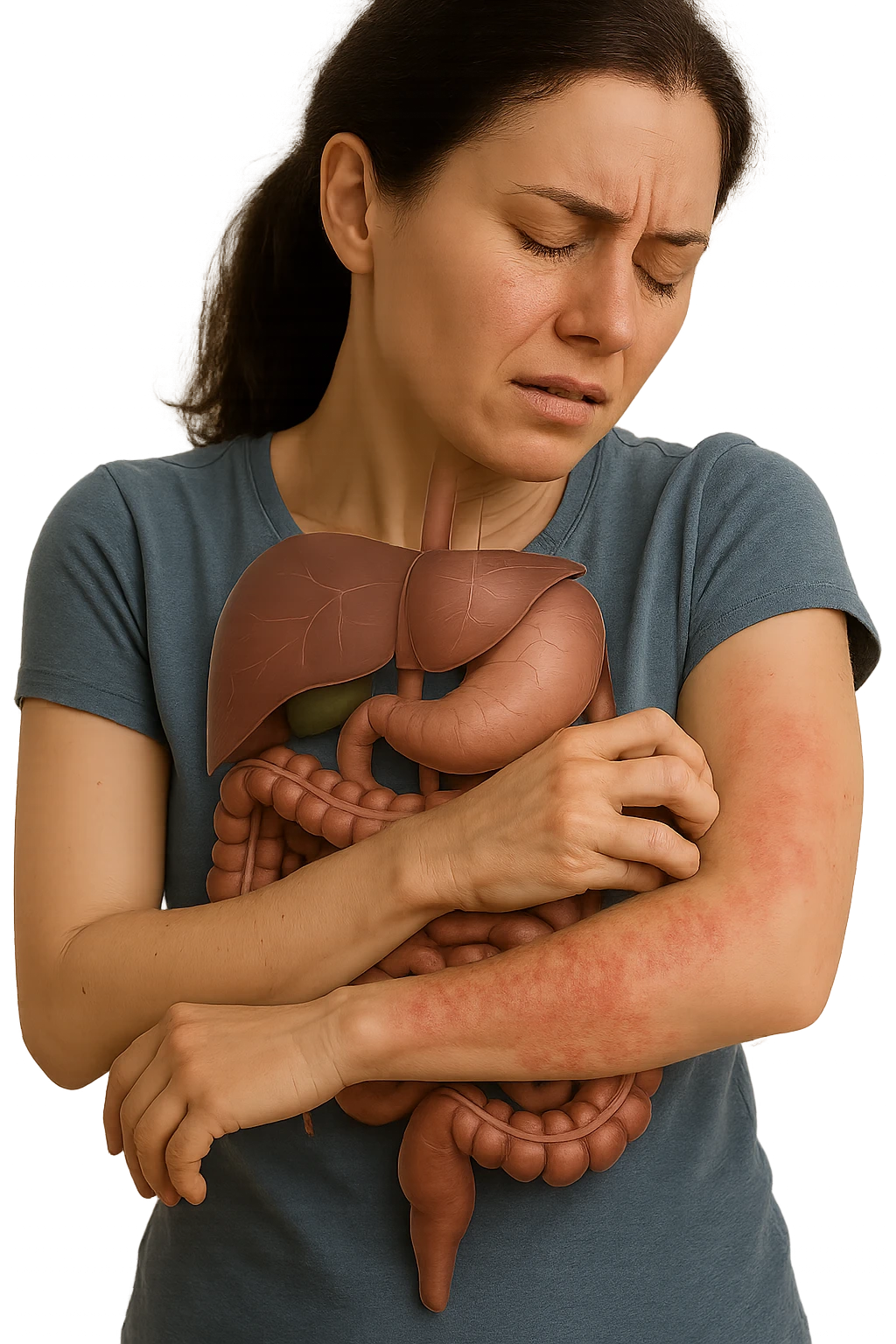 donna con intestino umano anatomico realistico che si gratta il braccio su cui ha un'eritema, iperrealistica 4k emoji