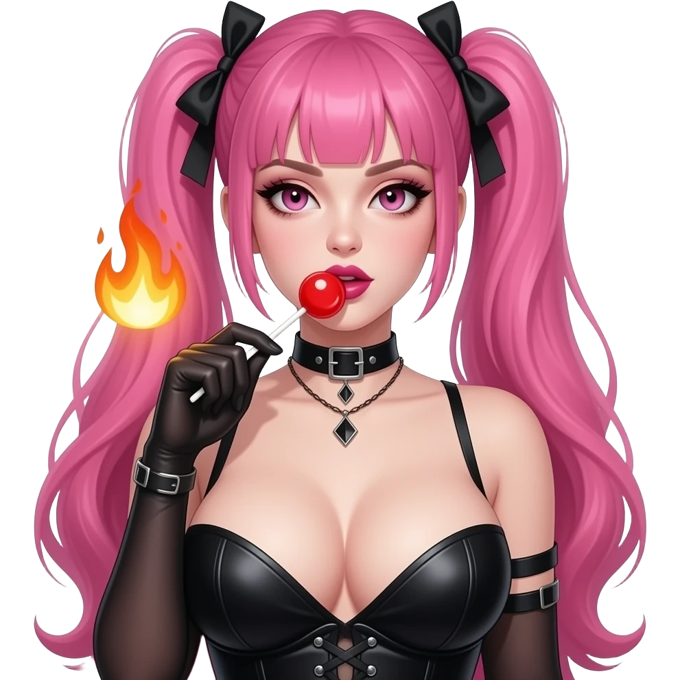 Sexy pink haird gothic woman with huge boobs licking a red lollipop on fire emoji