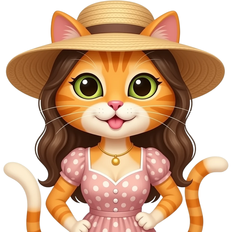 female seducing Orange Cat in Hat, dress,  front facing emoji