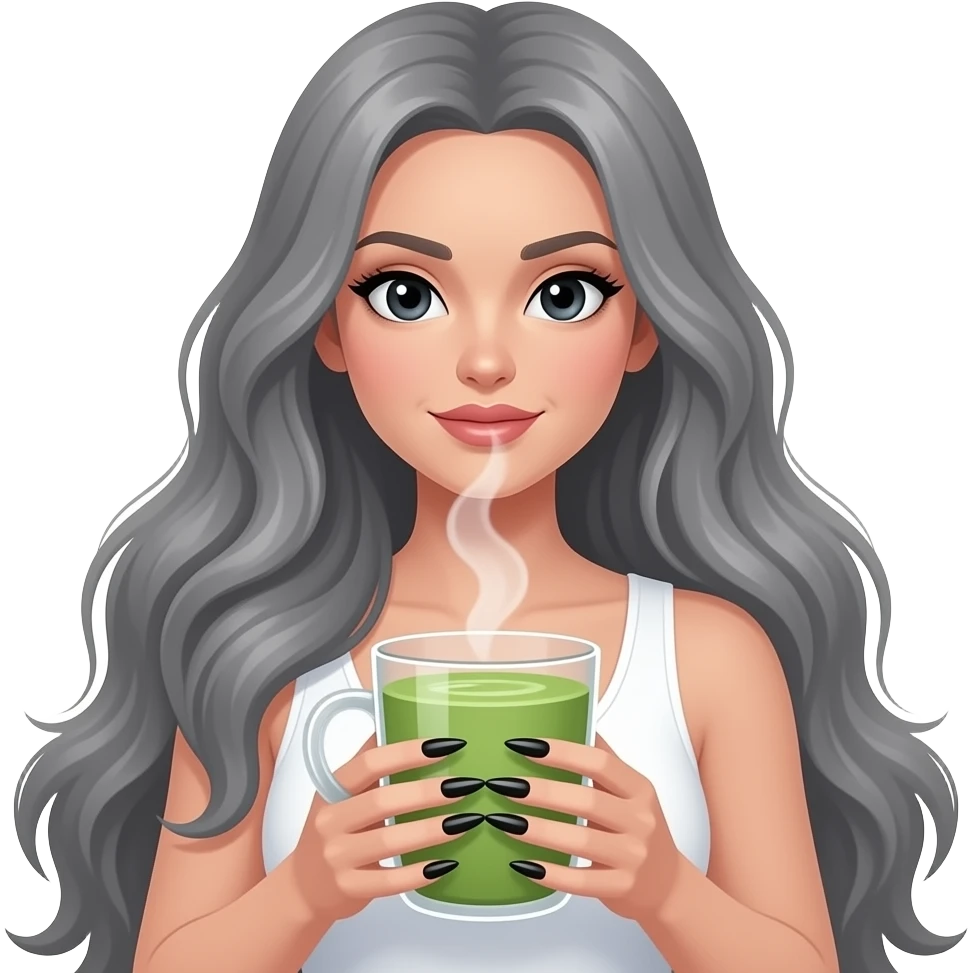lady with black eyes and extremely long grey hair, long black nails, holding a gigantic matcha, and wearing a white top emoji