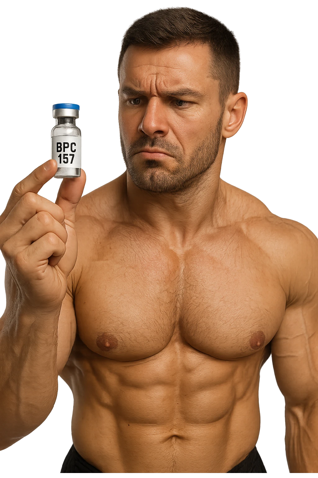 BODYBUILDER CHE TIENE IN MANO UNA FIALA MEDICA CON la scritta "BPC 157" SULL'ETICHETTA E LA GUARDA DUBBIOSO, iperrealistico 4k emoji