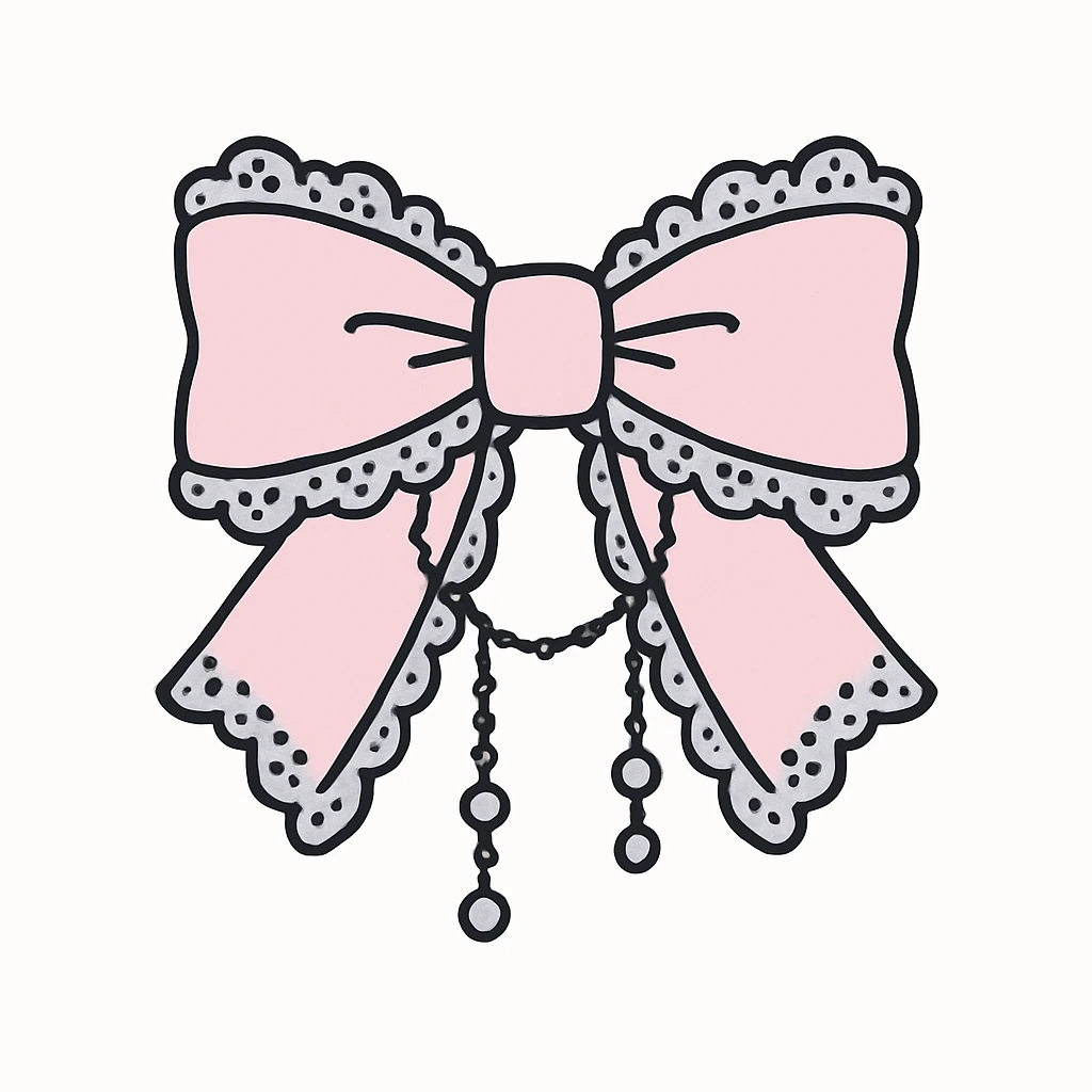 gothic lolita bow, ornate lace, pastel pink and black, delicate chains, Victorian influence, pastel goth palette emoji