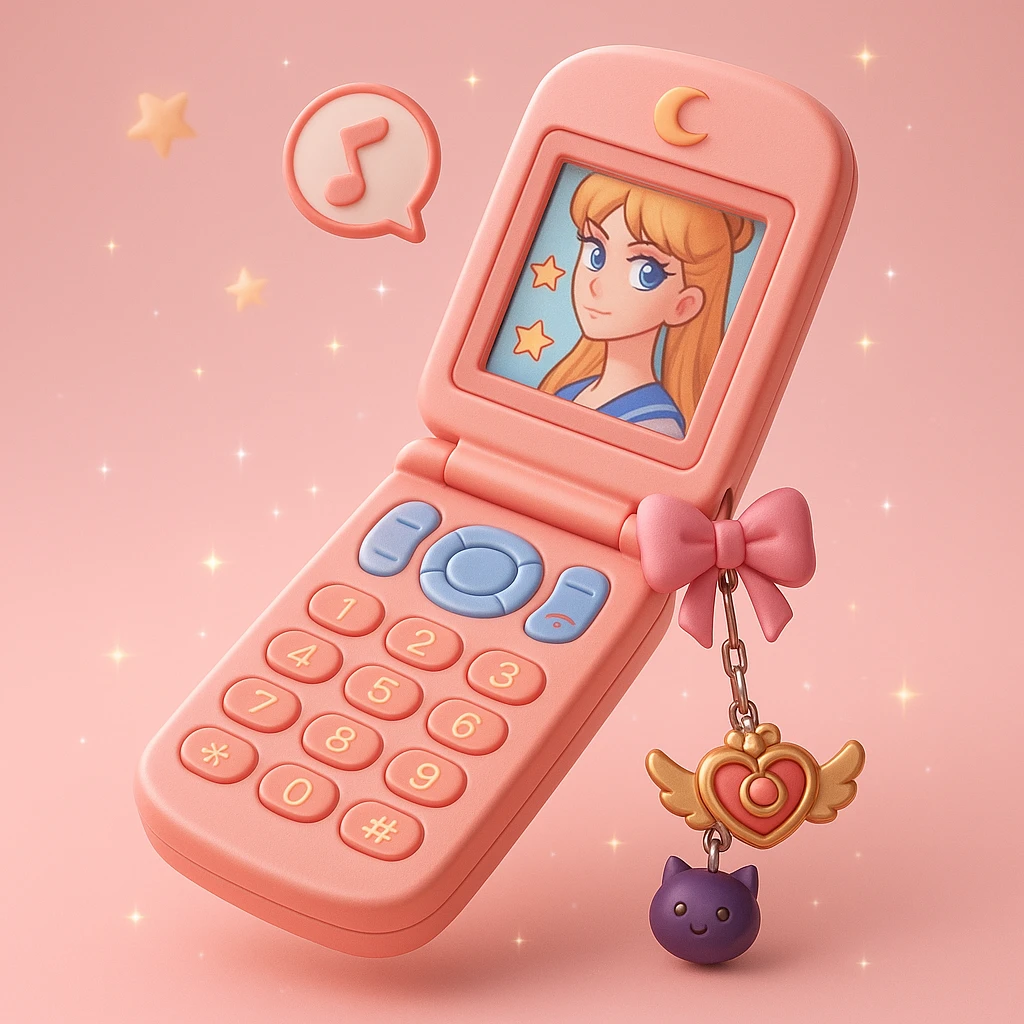 A pink flip phone with a pink bow, a pink background with stars, and a pink charm with a cat, in 3D iOS style, with more details. emoji