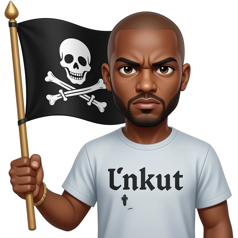 french rapper booba with bald head and no opaque beard et angry eyebrows et unkut teeshirt holding the pirate flag emoji