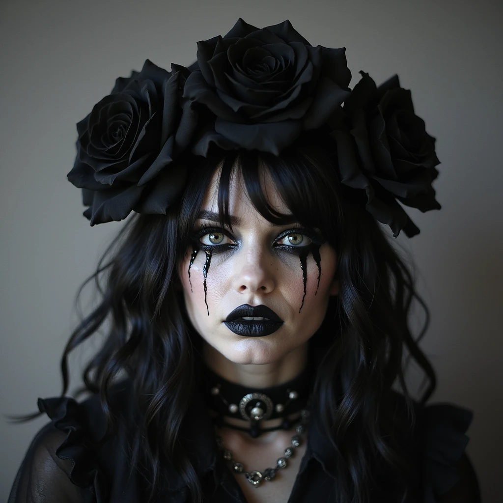 BLACKPINK inspired goth emoji, photorealistic style, black roses, dark tears, haunting look, deep shadows emoji