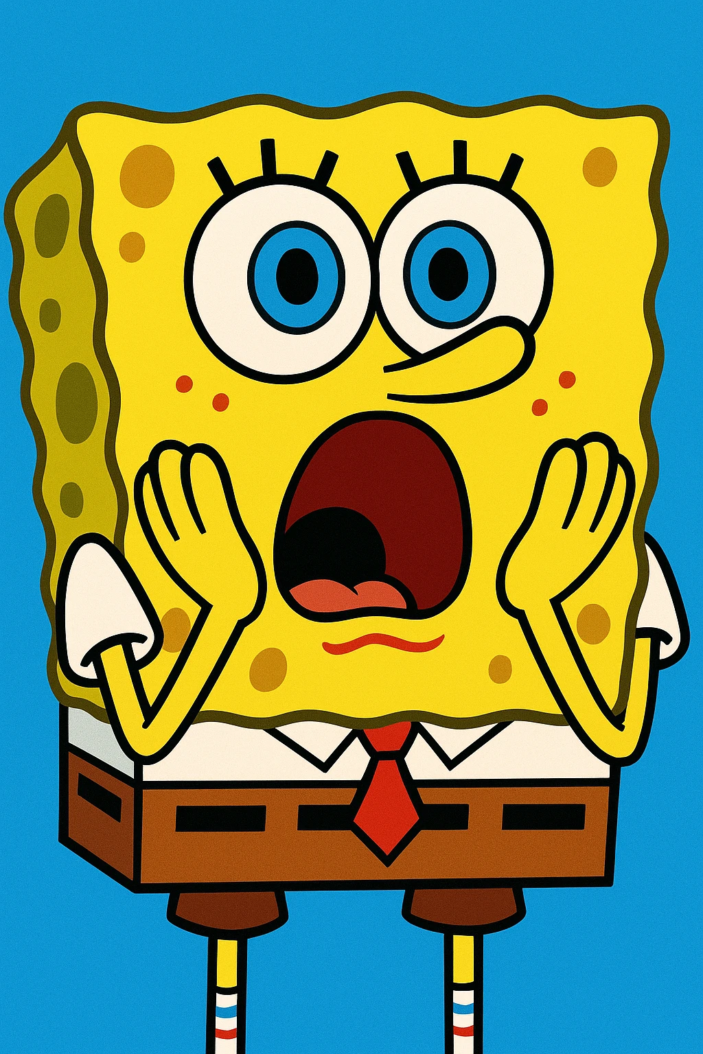 SpongeBob SquarePants, surprised face, yellow sponge, cartoon, big blue eyes, hands on cheeks, white shirt, brown pants emoji