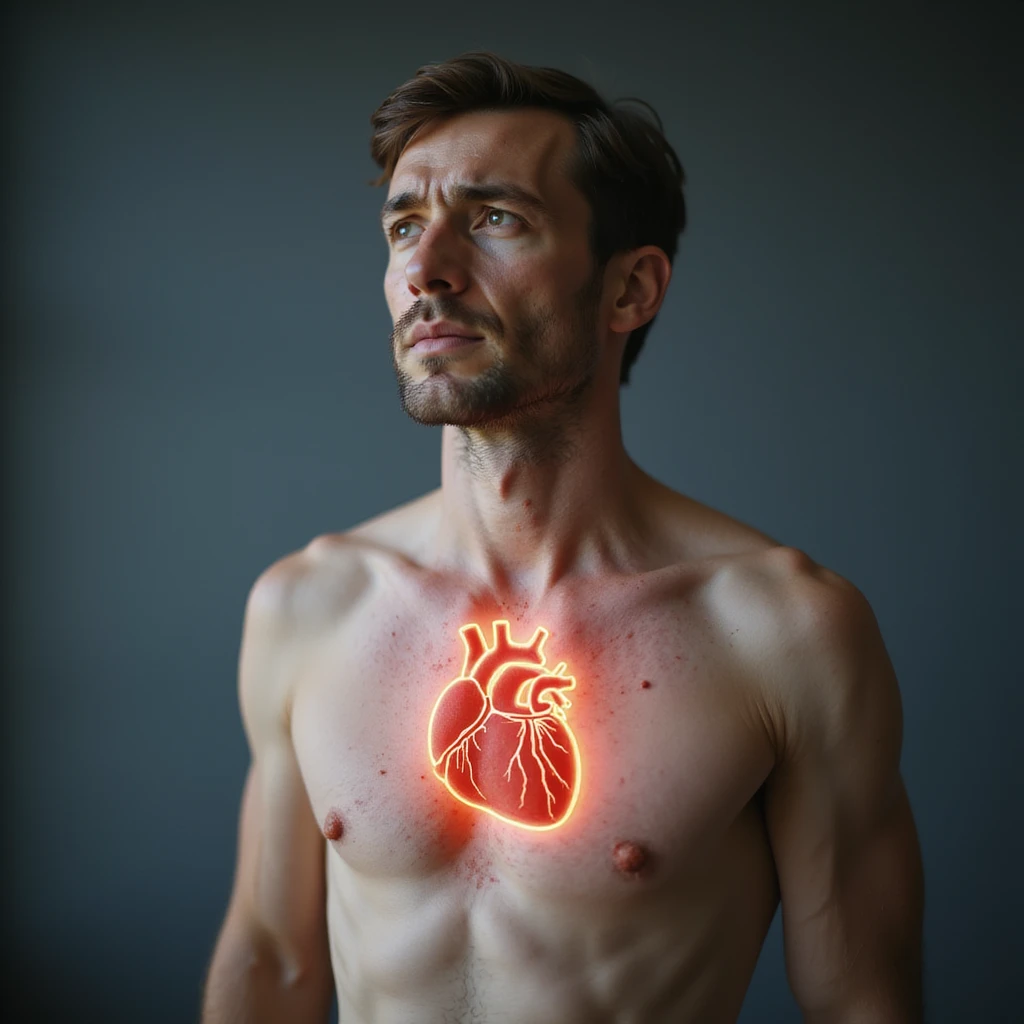 realistic adult man with simple clothing, body showing signs of autoimmune diseases: stylized thyroid and heart highlighted, skin with spots and swelling, discomfort atmosphere, realistic details, clinical background, 4K quality emoji