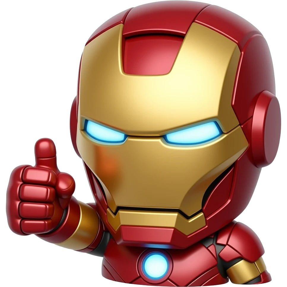 "A 3D Iron Man emoji, red and gold armor with glowing blue eyes. An armored thumbs-up gauntlet is seamlessly fused and physically attached to the side of the helmet. No gap, single solid piece, high-gloss finish, black background." emoji