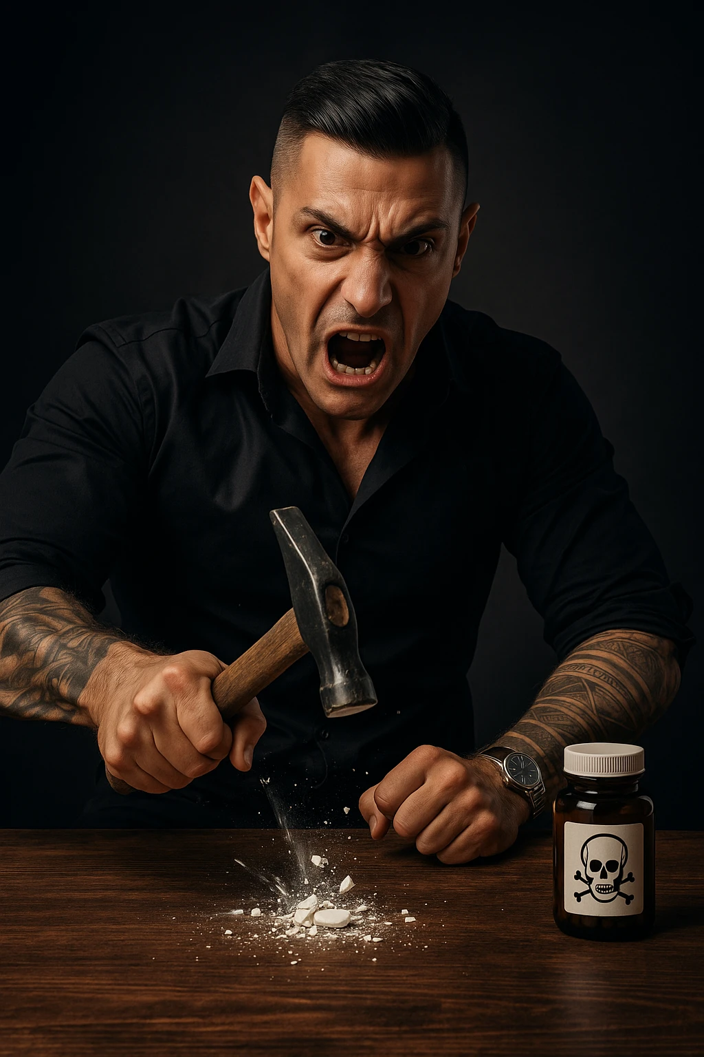 "Angry man crushing prescription pill with hammer on wooden table, expression of righteous fury against medical establishment, pill fragments scattering like defeated enemy, medicine bottle labeled with skull and crossbones in his mind, dramatic lighting showing his determination to reject pharmaceutical control, freedom from chemical dependency symbolized through destruction" emoji