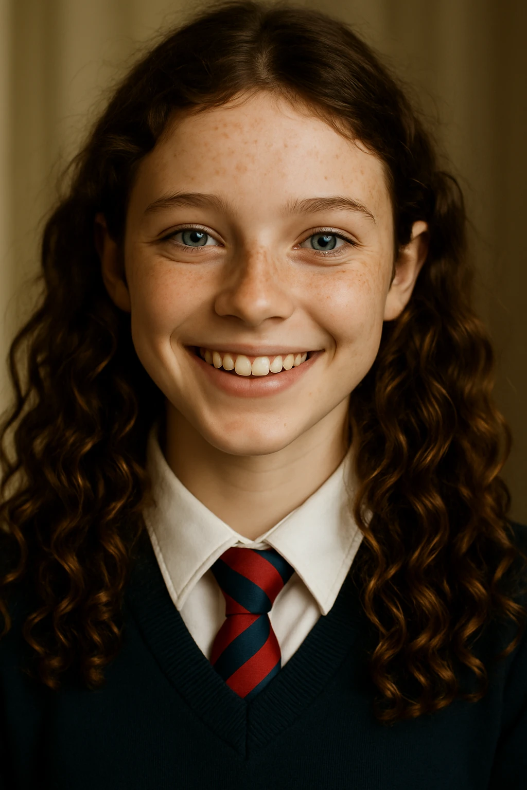 Make the girl's hair longer and curly, and put her in a school uniform. Maintain the original style and details of the image. emoji
