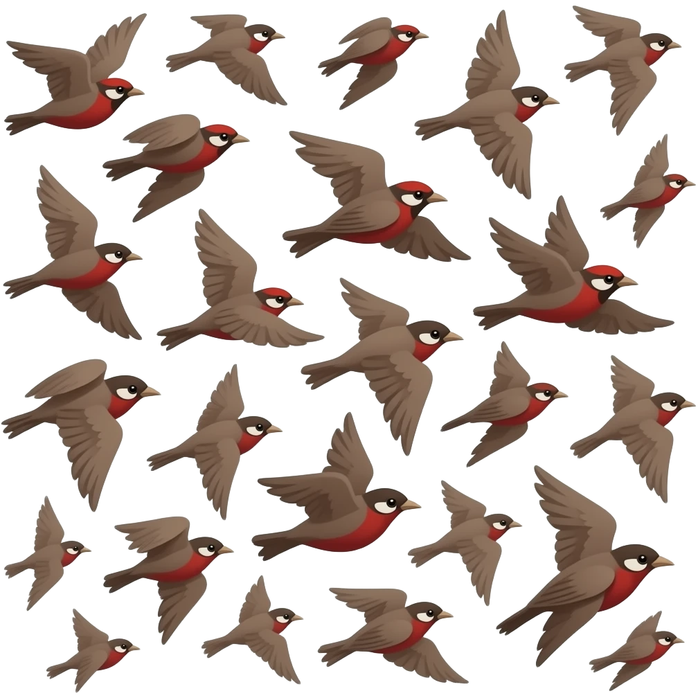 A 2D render iPhone emoji icon of a detailed Brown and red color 3D Render iPhone emoji png of a flock of brown and red color songbirds flying in the air emoji