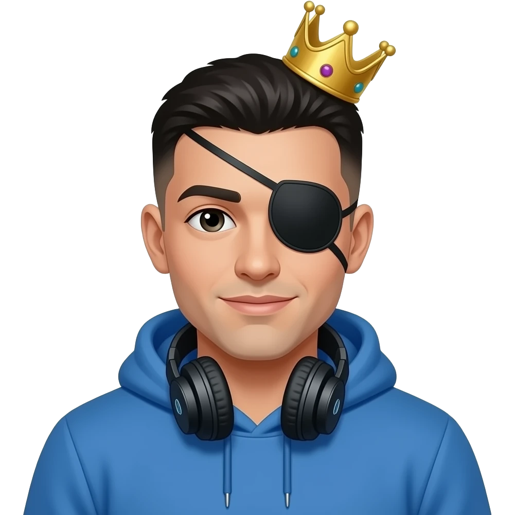 Make a man who has a blue hoodie with headphones on his neck have a crown with a black eyes cover black box and with a short white male black buzz cut and make him a white male Make the black covered box not attach to the head just on the head emoji