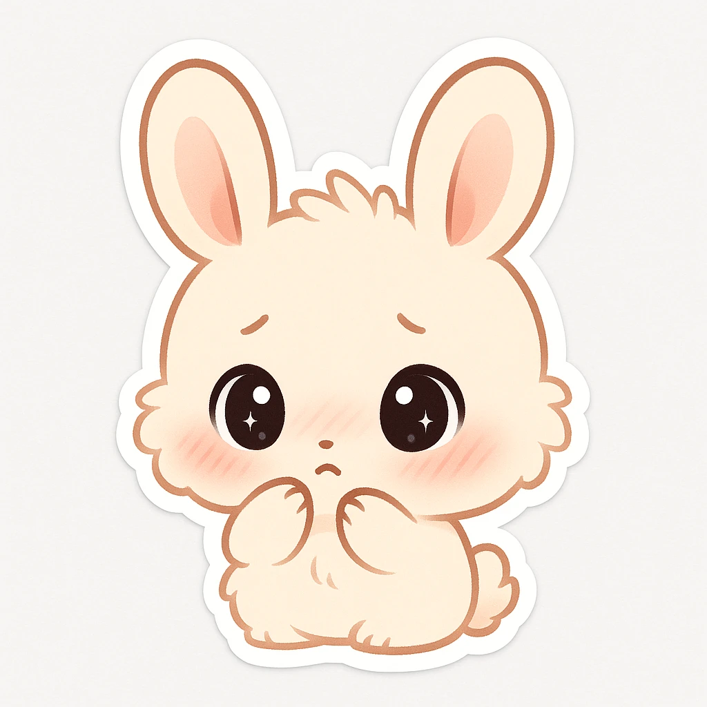 adorable chibi bunny with fluffy fur, oversized round eyes, pink cheeks, bashful and shy look, sparkling eyes, slight blush, clean chibi stickers style, white background, emote size emoji