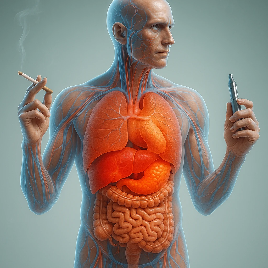 Medical illustration, hyperrealistic 4K, realistic anatomical human body, inflamed liver and intestine highlighted, holding a lit normal cigarette in the right hand and an electronic cigarette in the left hand, clear background, extremely detailed, same lighting and style as the reference image. emoji