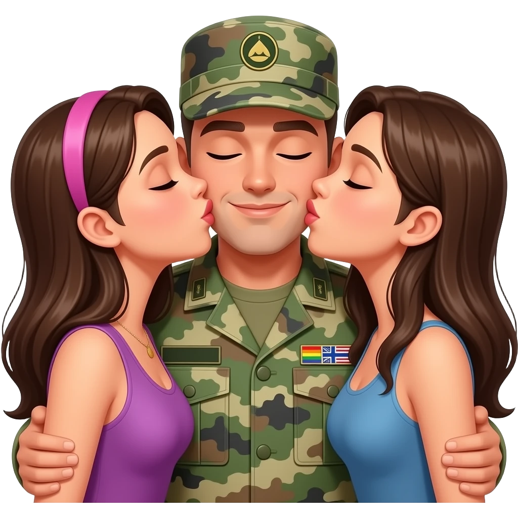 gay milatary dude kissing two girls emoji