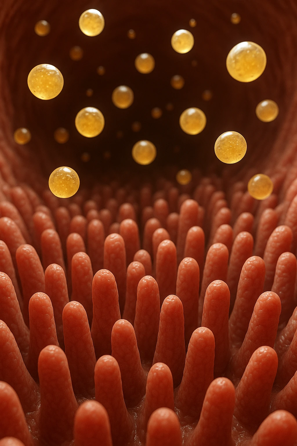 VILLI INTESTINALI CON CELLULE DI GRASSùO CHE CI FLUTTUANO SOPRA, INTERNO REALISTICO DI UN INTESTINO, IPERREALISTICO 4K emoji