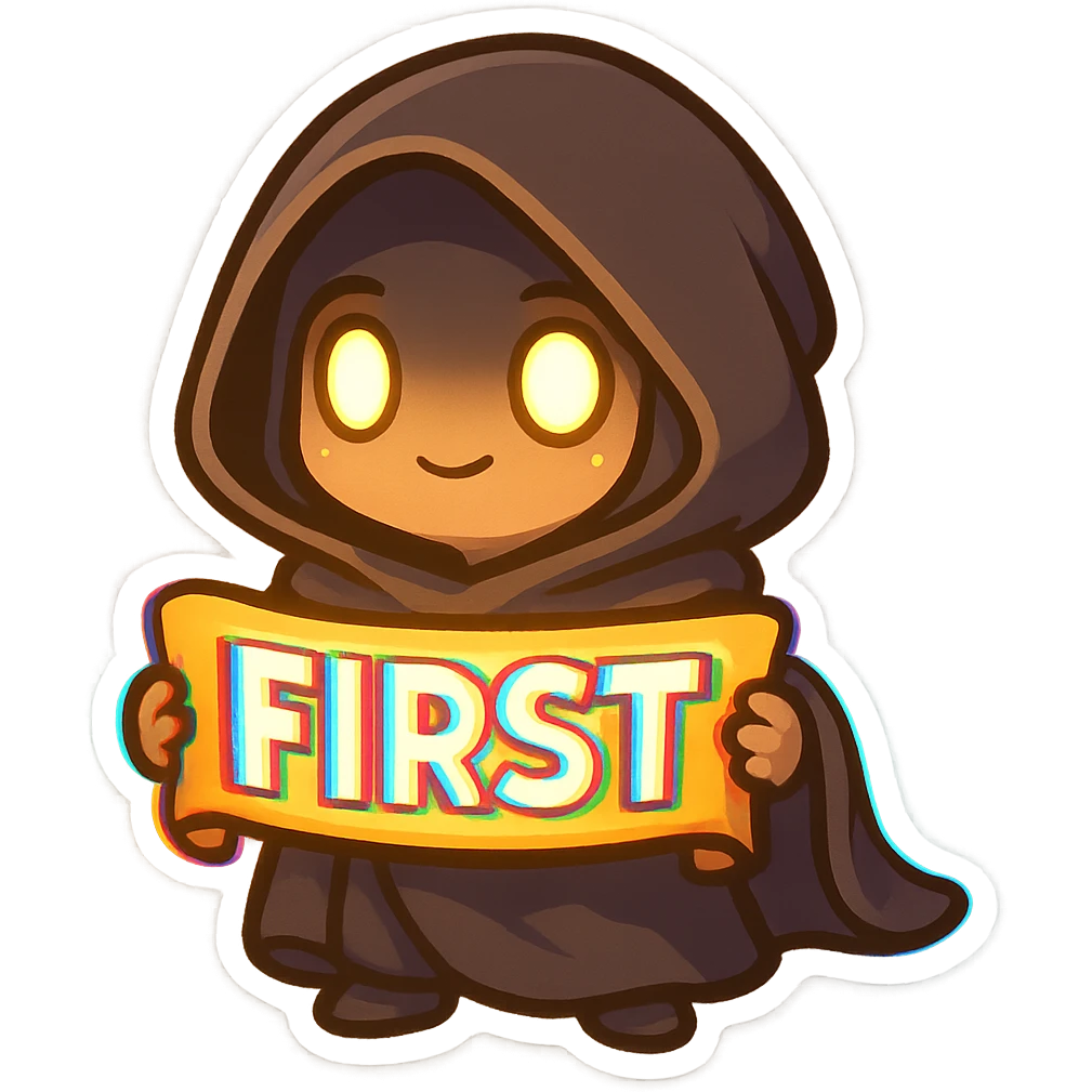 A small hooded character holding a glowing banner that says 'FIRST' in bold text. The figure looks proud and cute, with glowing eyes under the hood and an RGB glitch effect on the banner. Bright, vivid colors emoji