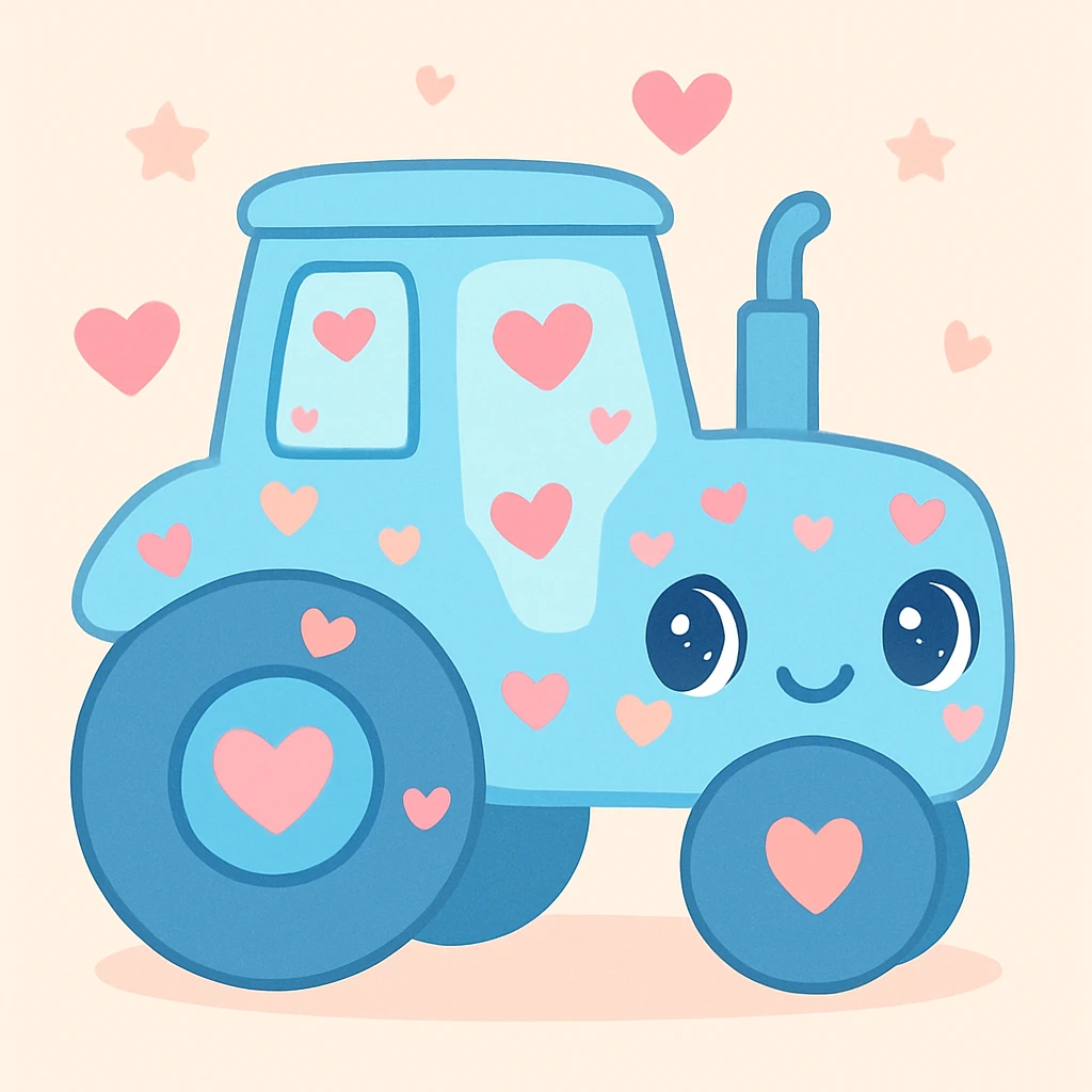 blue tractor covered in heart-shaped stickers, whimsical and fun emoji