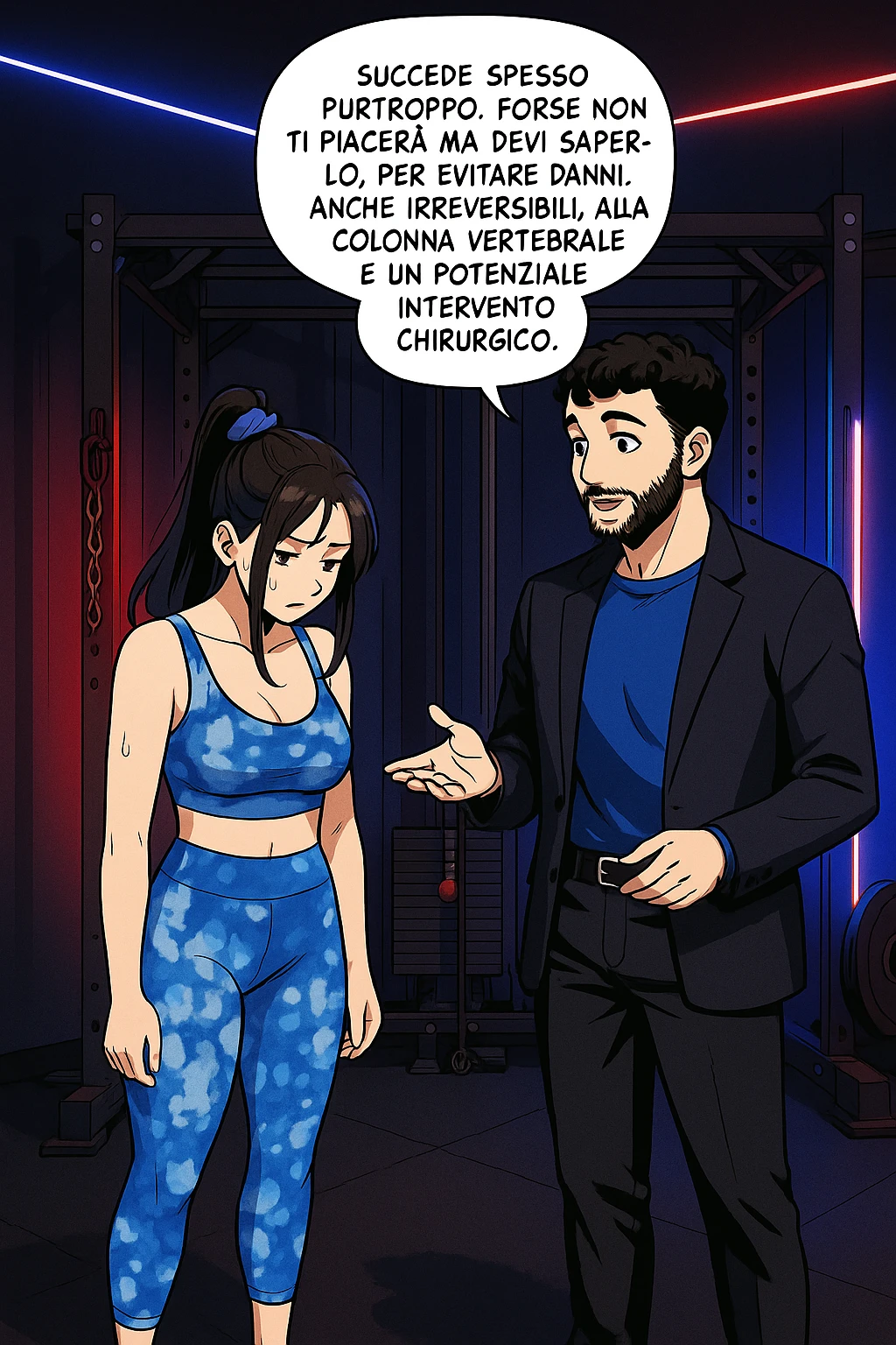 fai questa immagine in versione manga/webtoon a colori, il manga mostra l'uomo che risponde alla donne:
Succede spesso purtroppo. 
Forse non ti piacerà ma devi saperlo, per evitare danni, anche irreversibili, alla colonna vertebrale e un potenziale intervento chirurgico. emoji