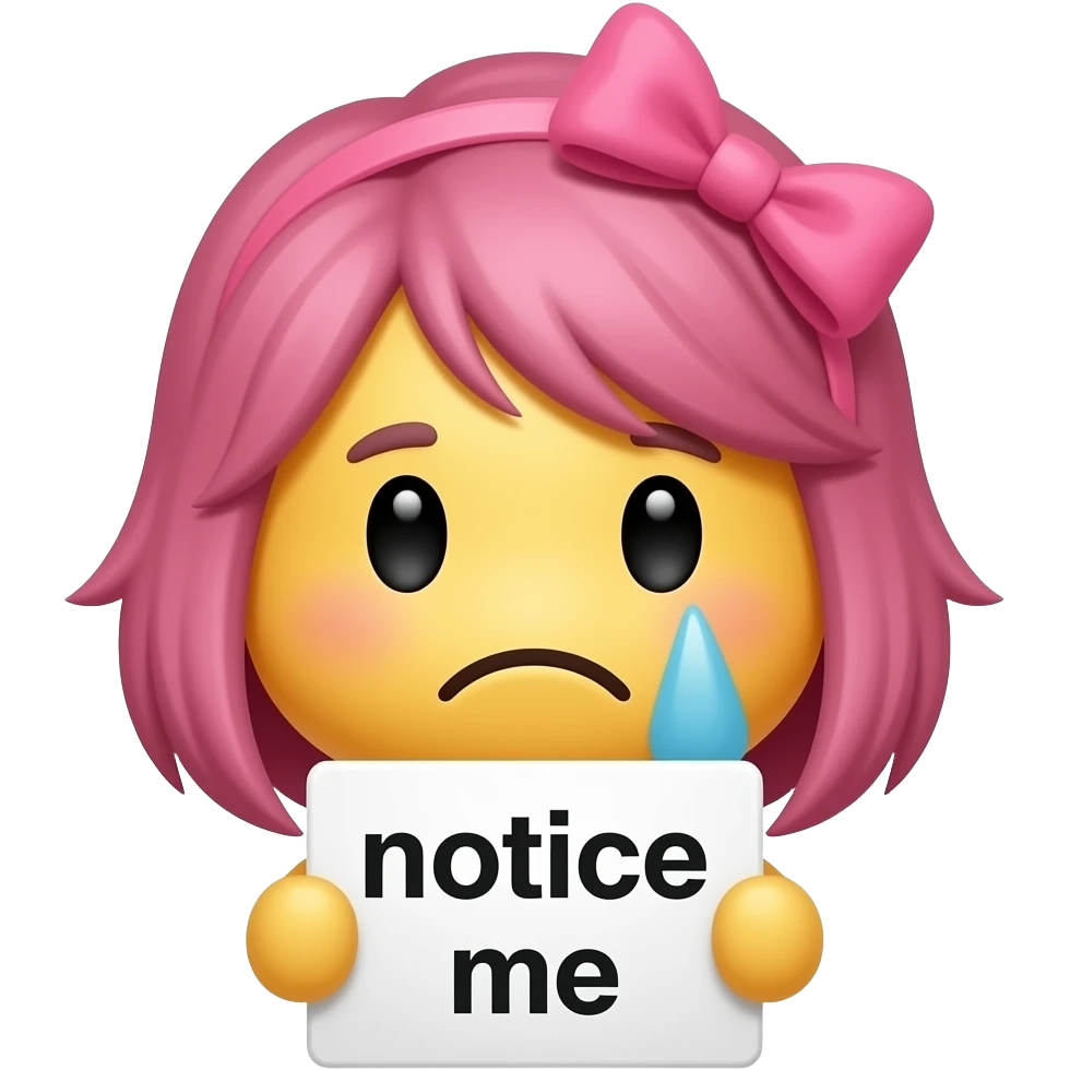 Yellow smiley with pink hairbow sad holding emoji up a sign that says "notice me" emoji