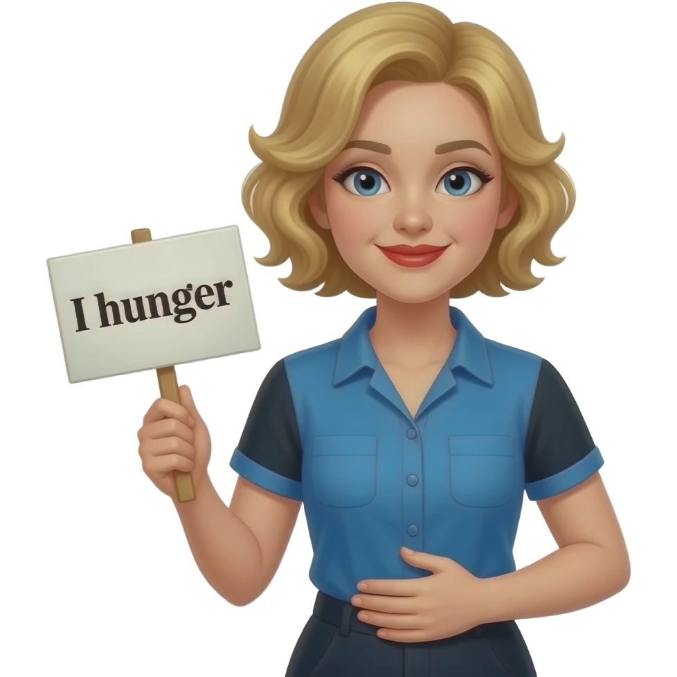 short blonde curly hair side swept bob with shy smile, red lipstick with a sign saying I hunger, my tummy is rumbling in a blue and black short sleeve blouse emoji