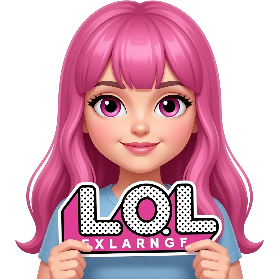 sexy girl with long pink hair and pink eyes holding L O L sign emoji