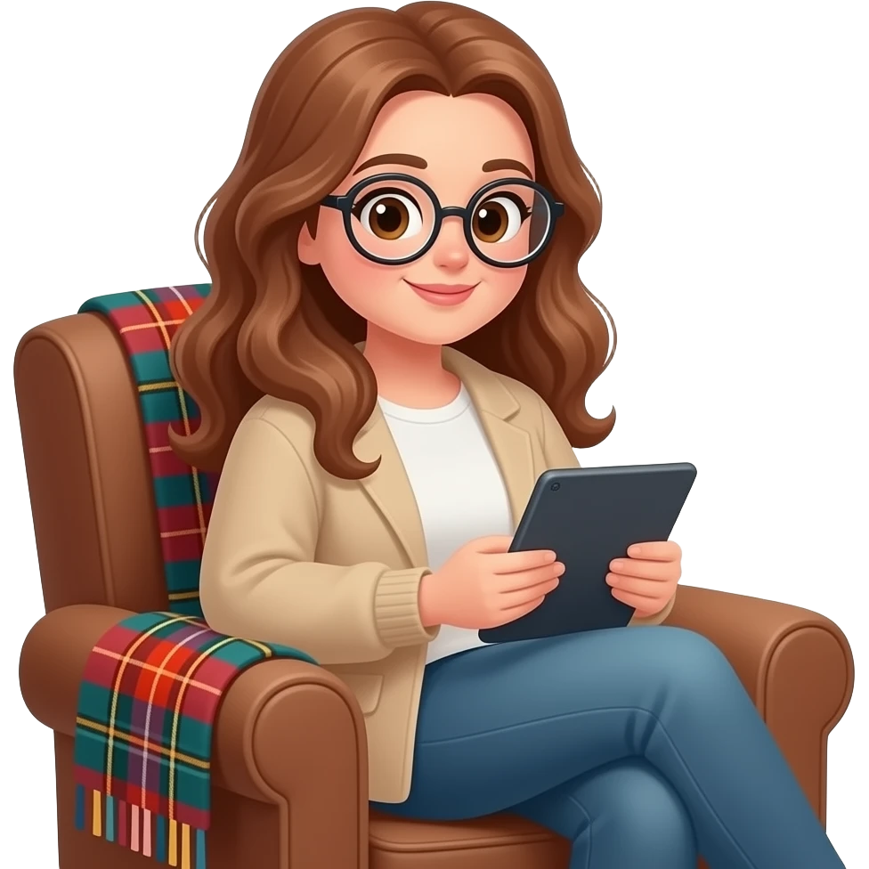 detailed emoji illustration of a curvy woman with long light chestnut brown wavy hair, light brown eyes and round glasses sitting in a brown armchair with a planket scottish pattern in the back while reading on an e-reader tablet, cozy reading atmosphere, cute emoji style emoji