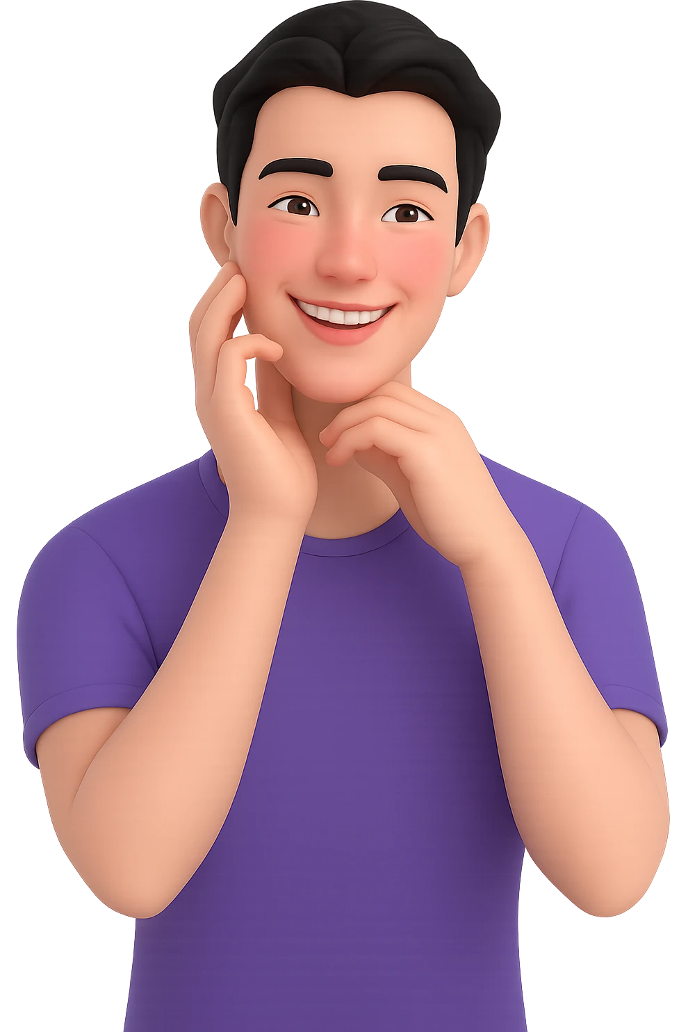 Make the handsome black-haired guy smile more, keeping his dreamy, flushed look and subtle romantic hints that his boyfriend is the cause of his low blood pressure. Preserve the transparent background. emoji