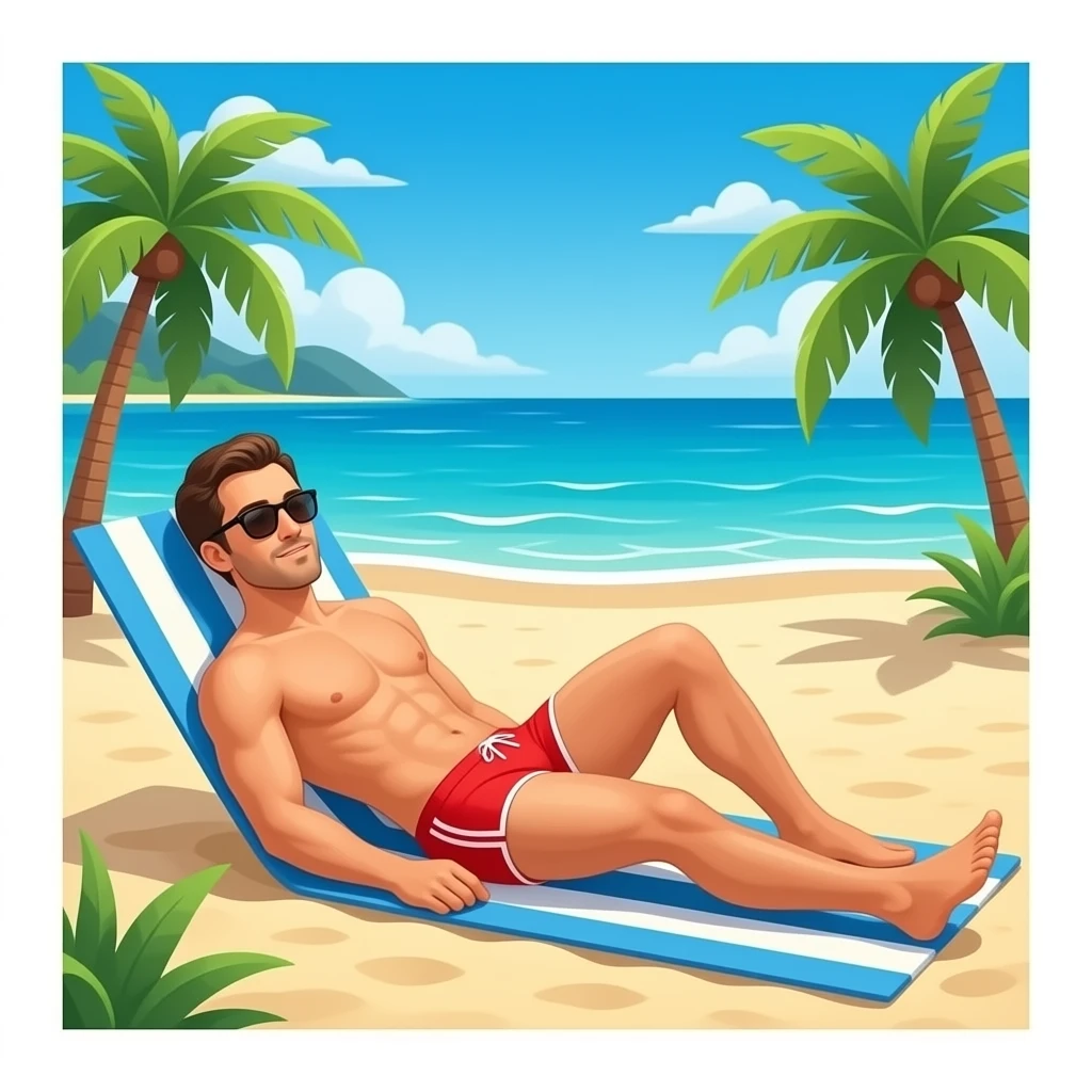 Erstelle ein Bild von einem Strand, mit im Bild ist ein Mann zusehen der sich im liegen sonnt, er trägt rote enge speedo und Oberkörper frei und trägt eine Sonnenbrille emoji