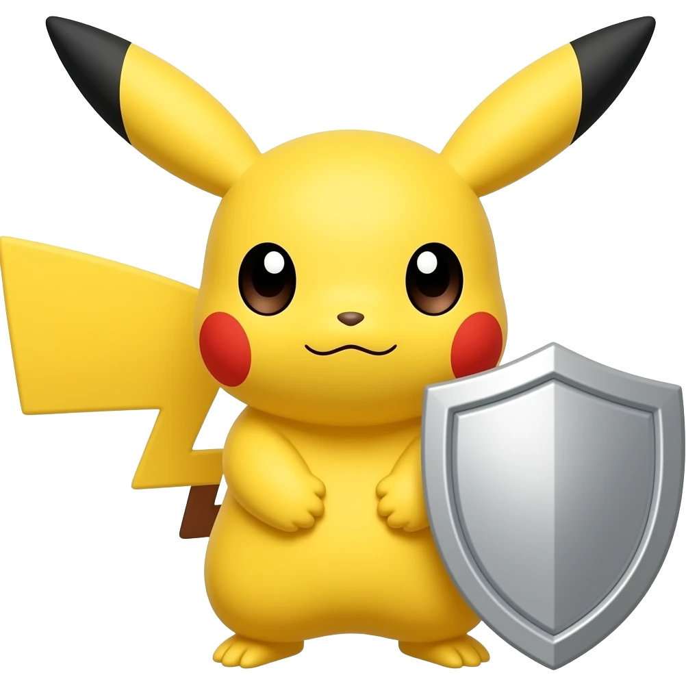 Flat design pichu (head only with hands), holding a shield. emoji