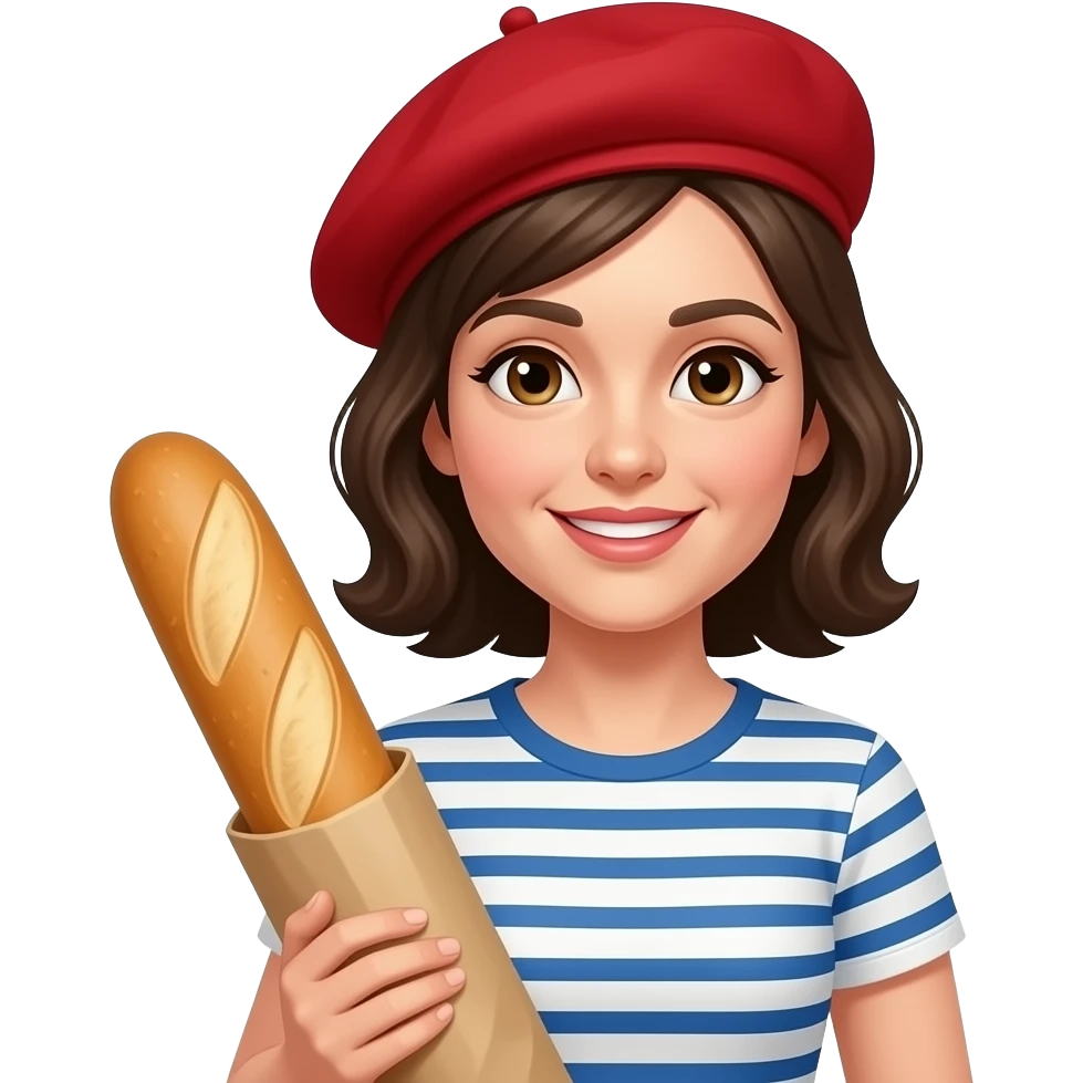 A French woman with a red beret a white and blue striped T-shirt a baguette of bread emoji