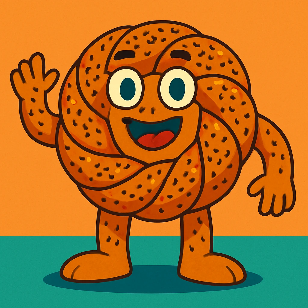fantasy creature made of Turkish simit with sesame seeds, arms and legs, friendly monster face emoji