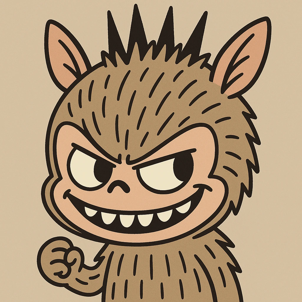 Labubu character, mischievous expression, flat toon style, minimal background emoji