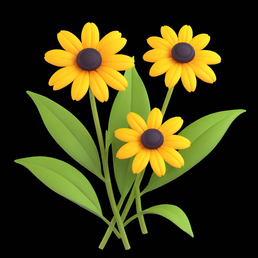 three yellow rudbeckia flowers with green leaves, 3D iOS style, soft shadows, realistic highlights, white background emoji