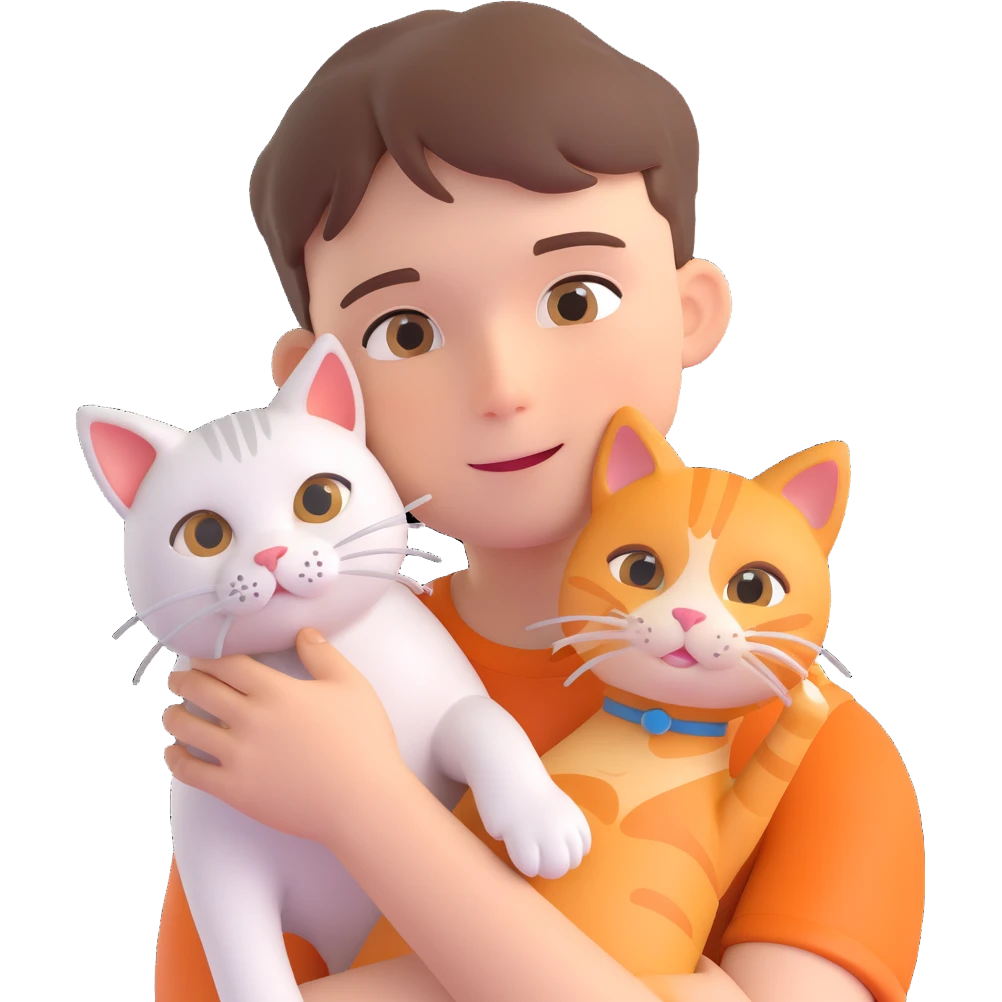boy and cat pet in forrest background, close up pose emoji