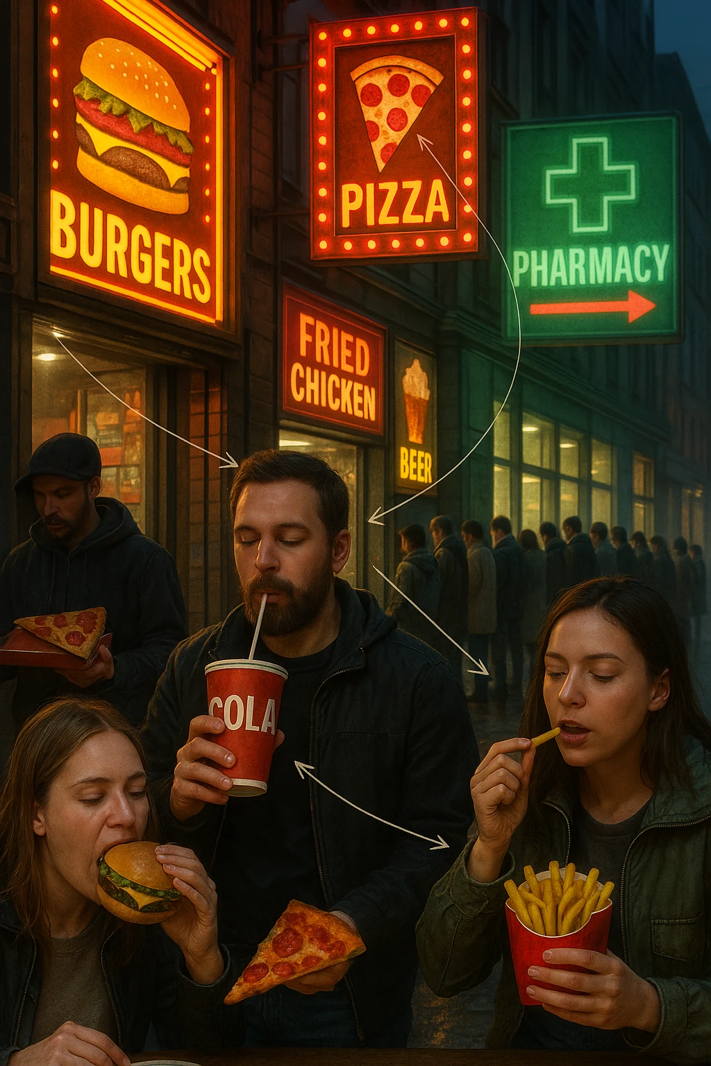 Realistic, vertical scene: a city street filled with bright, enticing advertisements for junk food and alcohol. In the foreground, people indulge in unhealthy foods and drinks, while in the background, a large pharmacy sign glows, and a line of people waits to buy medicine. Subtle arrows or visual cues connect the unhealthy choices to the need for medication, highlighting the cycle. in italiano emoji