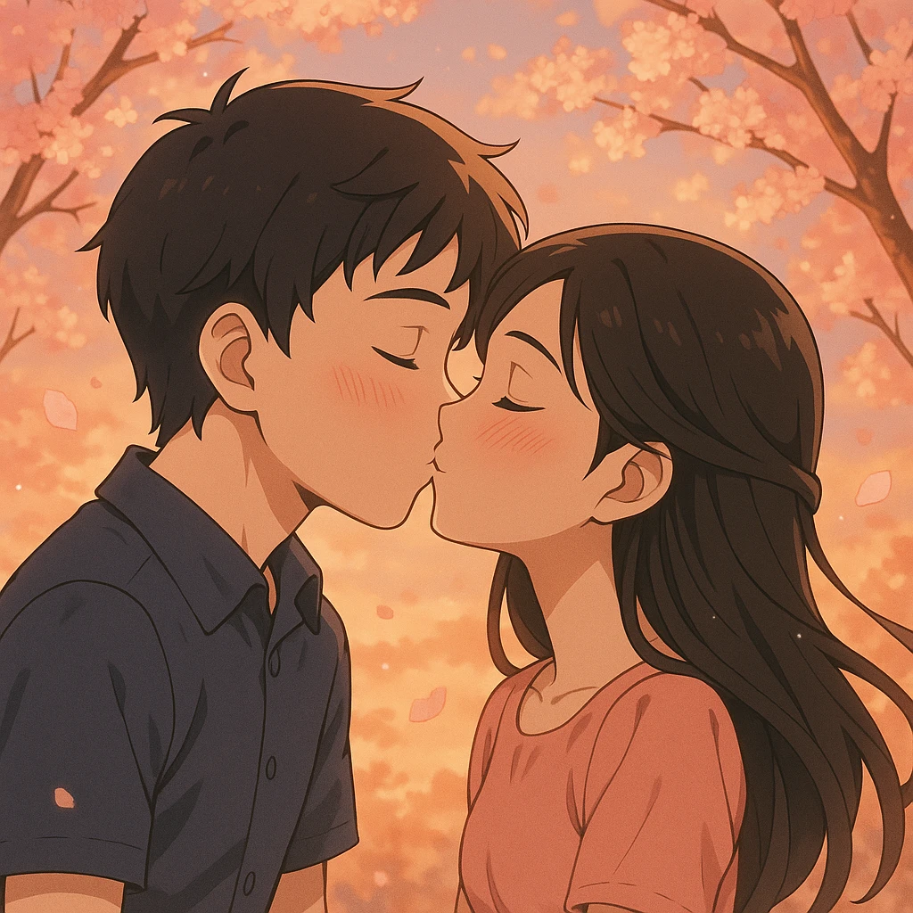 a boy named Joel kissing a girl named Madhu, affectionate, romantic, anime style emoji