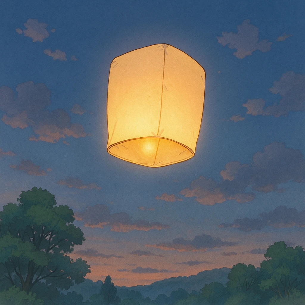 a floating lantern glowing softly at dusk, ghibli style emoji