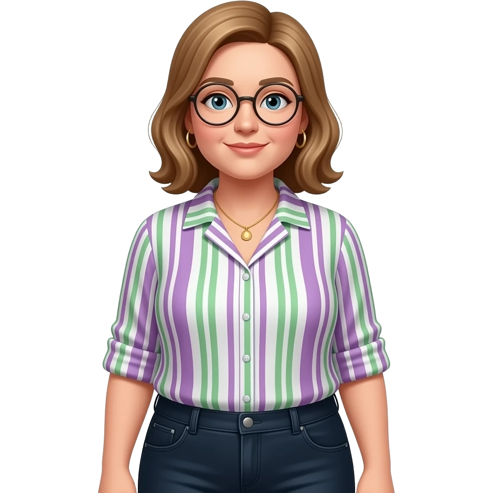 make miss Pevenage with light brown hair she is also a littel fat and she has a pair of rond glasses and she has a blouse with purple, green and white lines and black jeans emoji