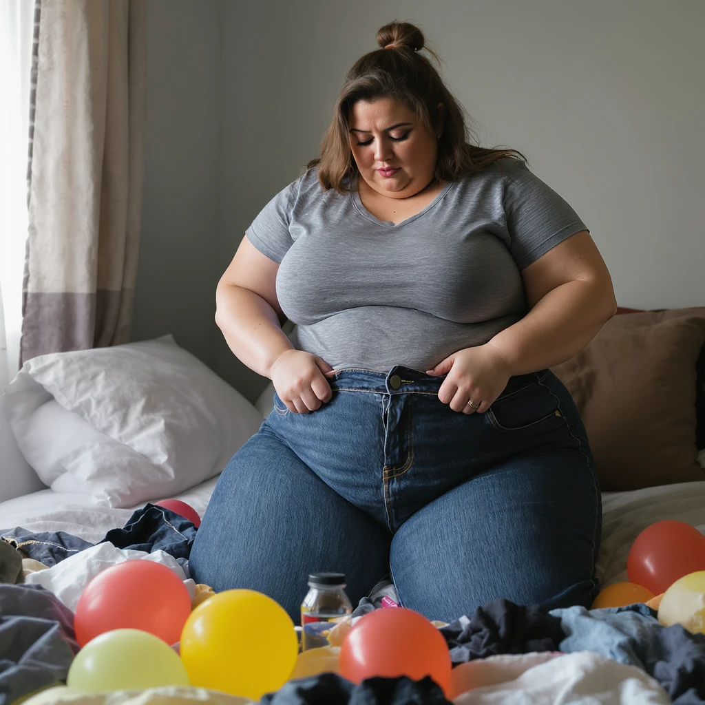 realistic plus-size woman struggling to pull jeans over swollen balloon-like thighs, seams bursting like popped balloons, bedroom littered with failed clothing attempts, vertical format emoji