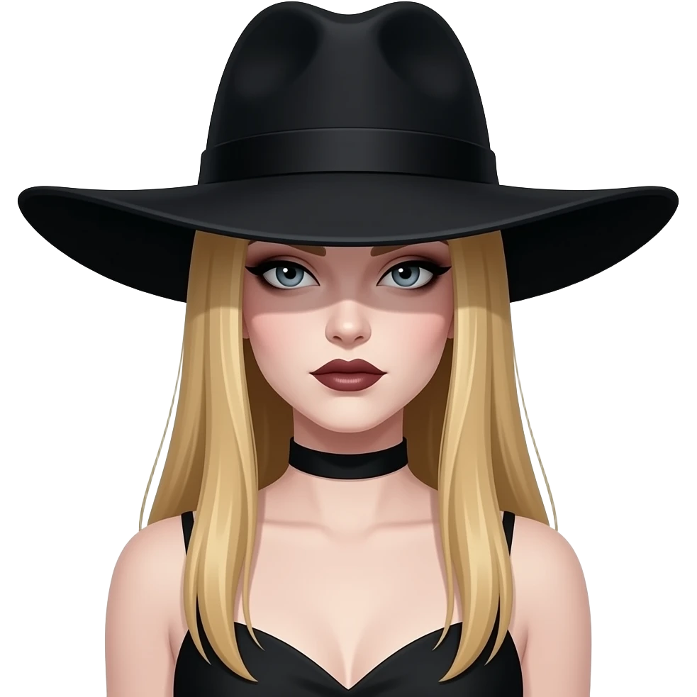 Female Goth with Wide-Brim Hat Long straight bgolden hair, white skin, black dress, wide hat casting shadow over eyes. emoji