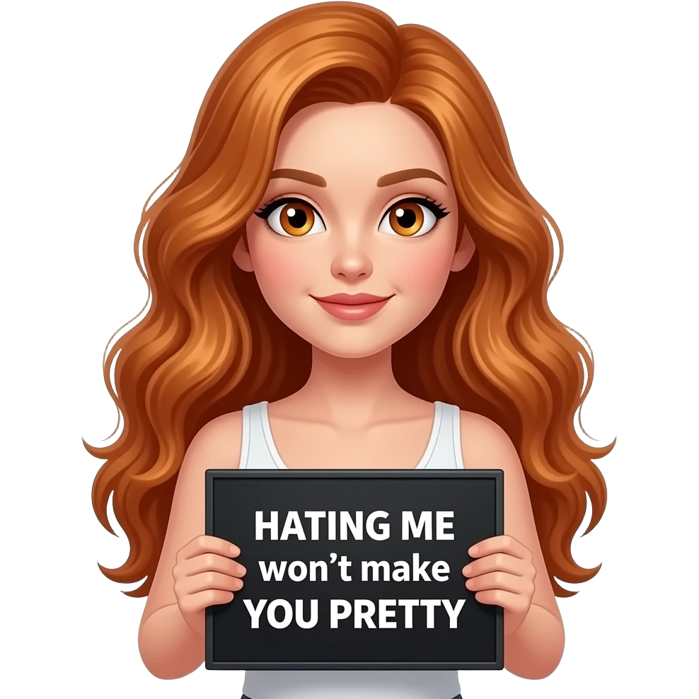 sexy girl with long wavy ginger hair and ginger eyes wearing a white tanktop is holding a black colored sign with HATING ME won't make YOU PRETTY written on it emoji