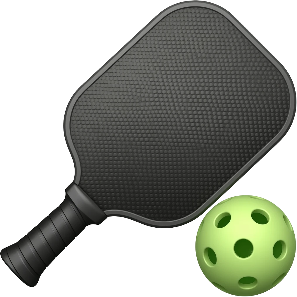 Apple-style emoji of a black pickleball paddle and green perforated ball, simple flat design, smooth gradients, clean edges, subtle shading, centered composition, minimal background emoji