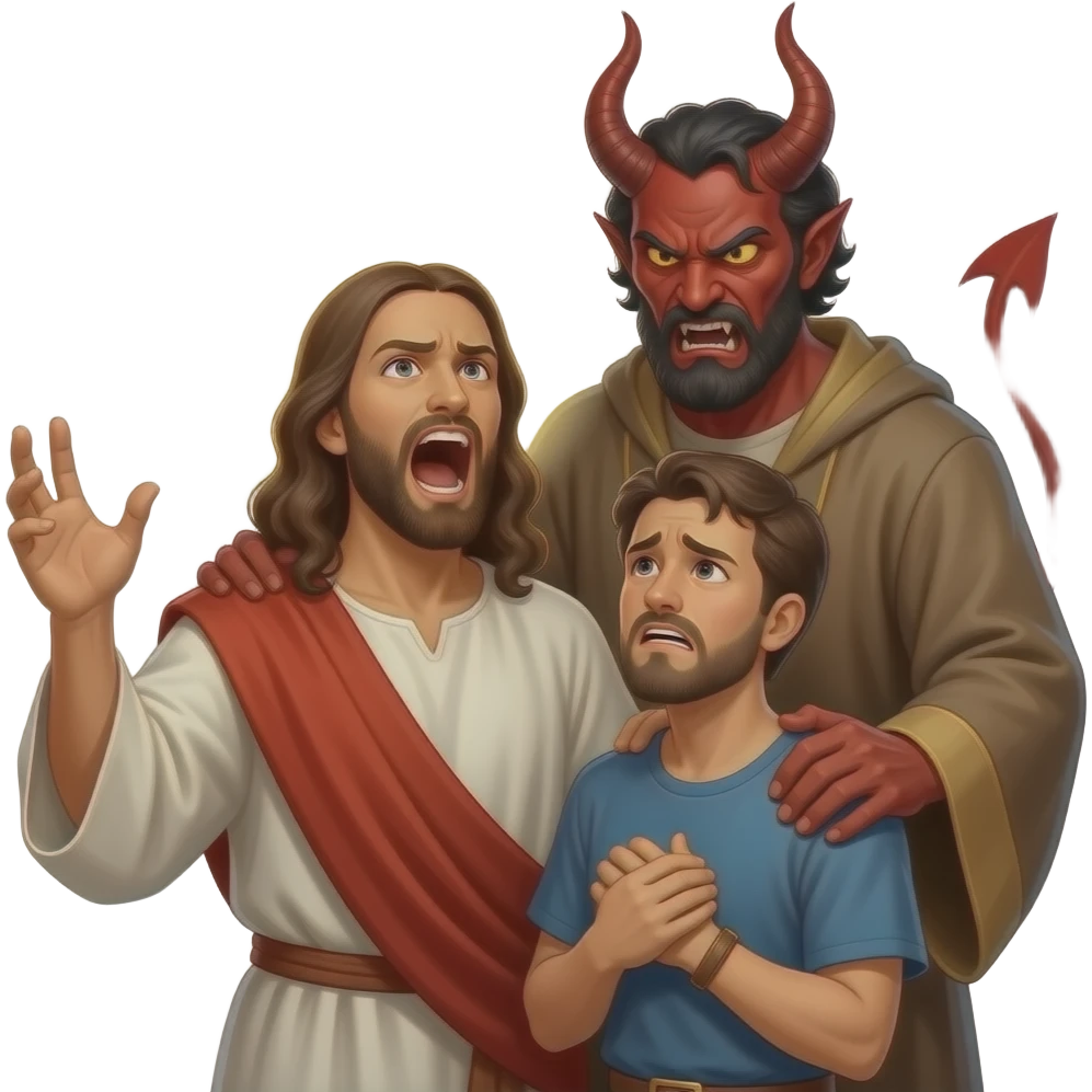 Jesus angry yelling at an intimidated demon that is oppressing a distressed man wearing biblical attire to leave him alone emoji